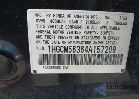 2004 Honda Accord 2.4 Lx z USA, uszkodzony, nr VIN 1HGCM56364A157209